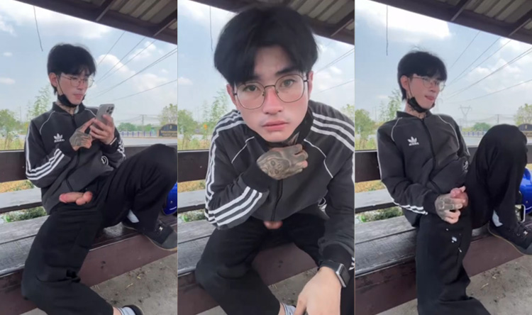 แว่นชักว่าว Outdoor เขย่าควยใหญ่ป้ายรถเมล์ ไม่แคร์สายตาใคร