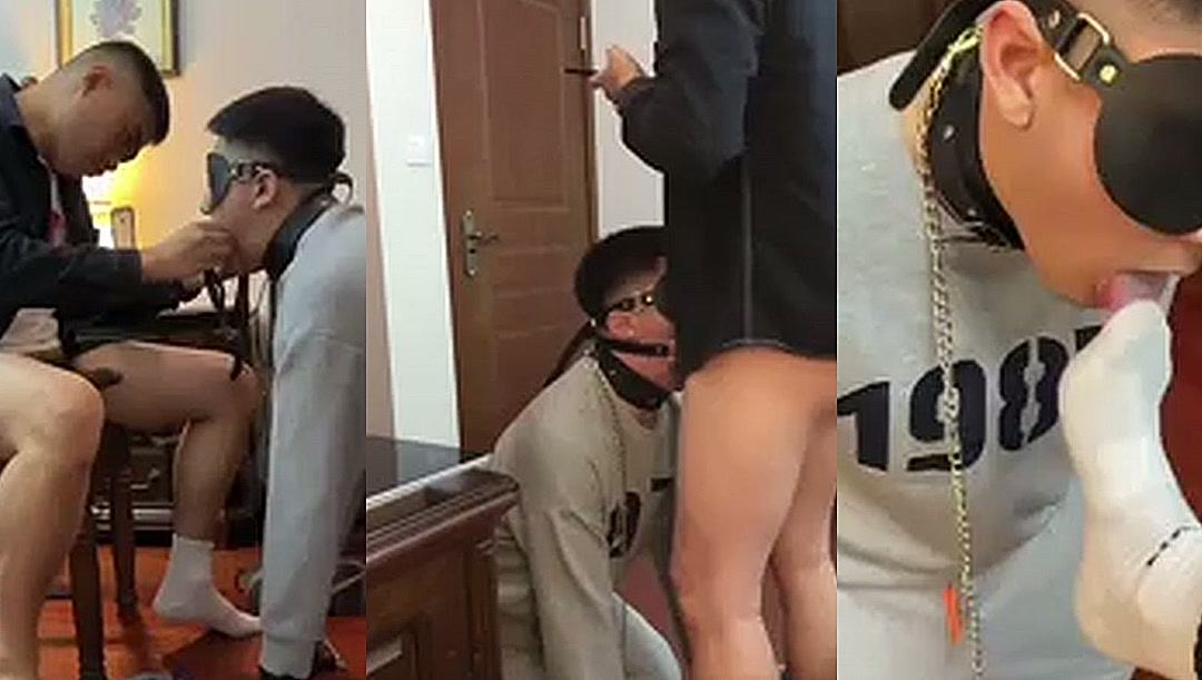 bdsm เกย์ ทาสจีนใส่ปลอกคอคุกเข่าเลียเท้านายก่อนอมควย